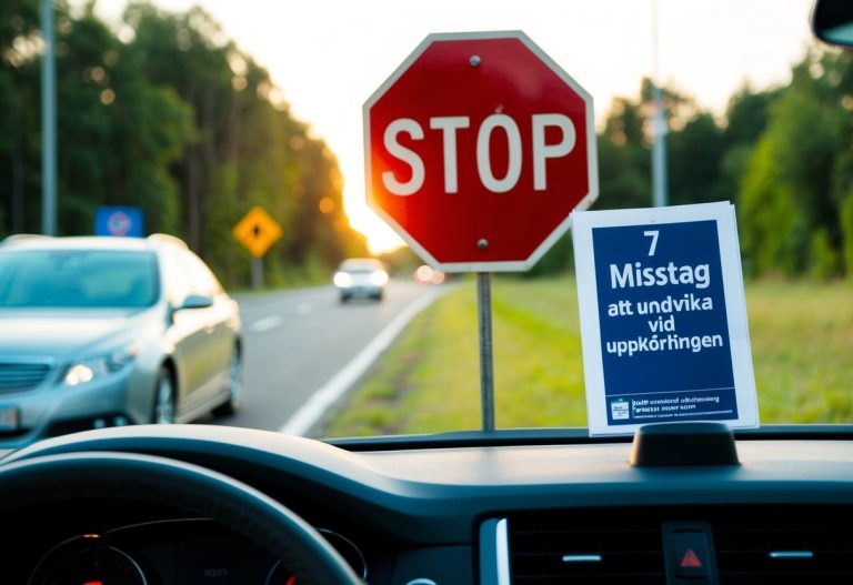 En bil som närmar sig ett stoppskylt, en förare som kollar i speglarna, parallellparkering mellan koner, en trepunktsvändning på en smal gata, ett övergångsställe, och en smidig filbyte