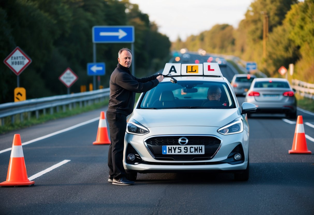 En bilkörningsinstruktör som demonstrerar 8 viktiga körningstips på en väg med trafikskyltar och hinder